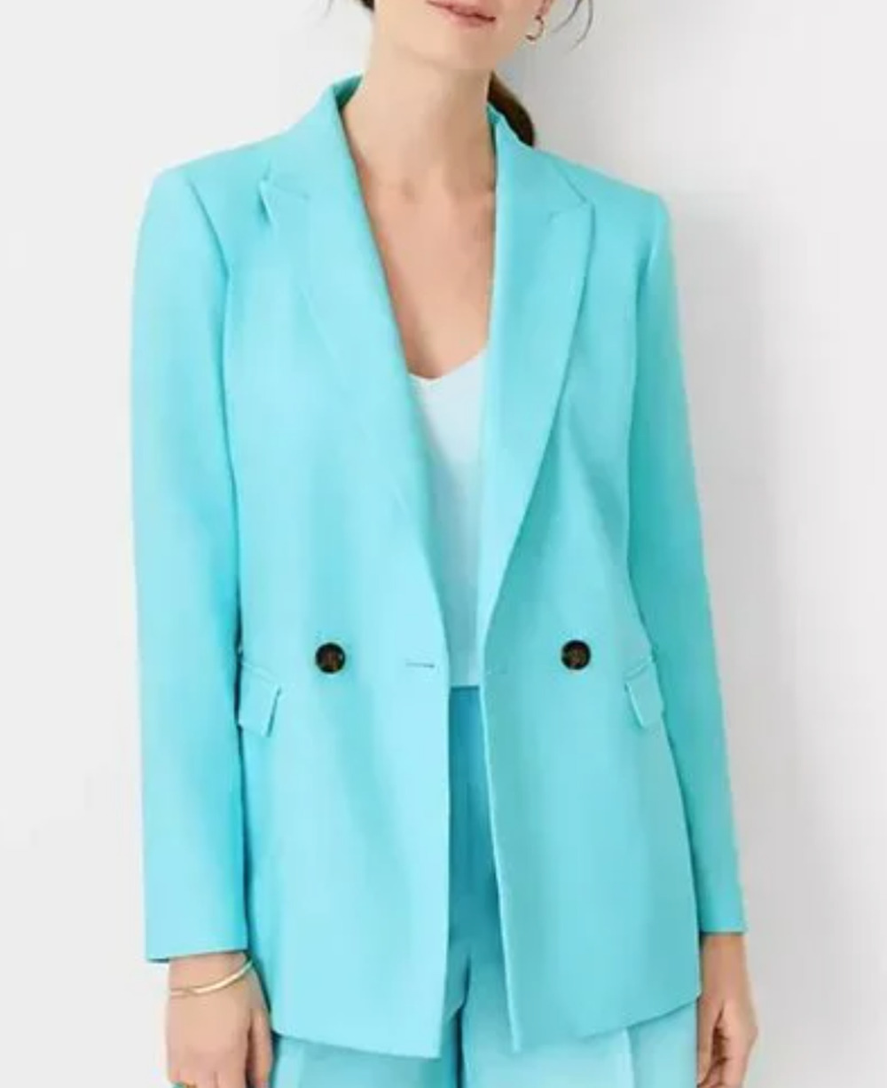 NWT ANN TAYLOR AQUA POP LINEN BLEND RELAXED DOUBLE BREASTED LONG BLAZER SZ 2